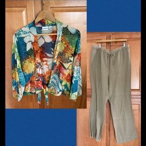 Lot Linen Pants, Silk Top Cicho’s, Trousers are neutral sand Ellen Tracy XL = 14